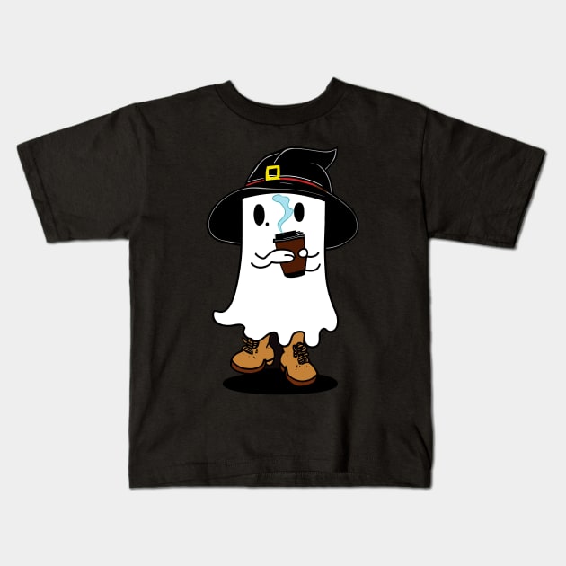 cute Ghost with witch hat drinking coffee Kids T-Shirt by sopiansentor8